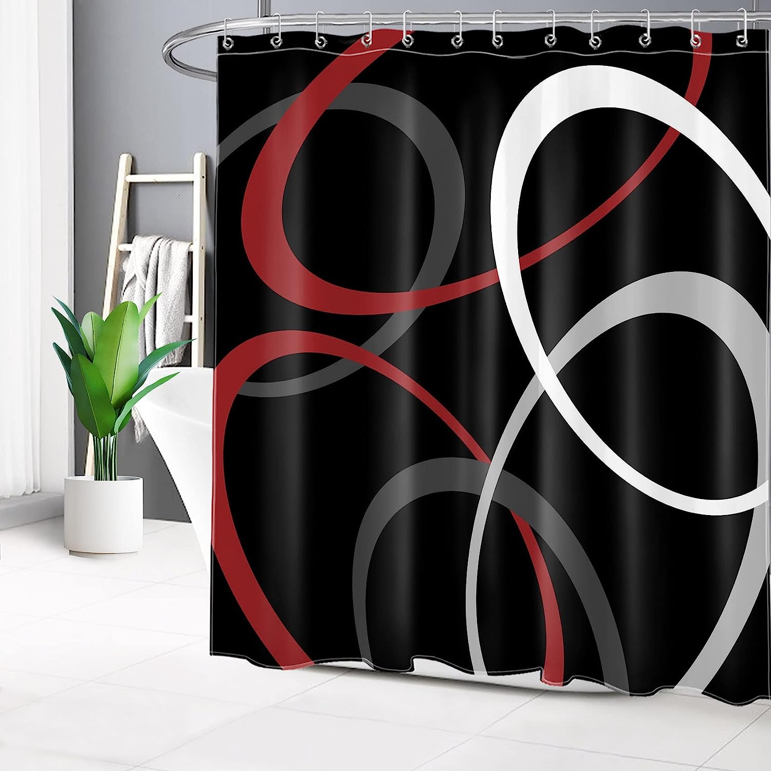 Red Geometric Shower Curtain, Abstract Minimalist Grey And White Design, Modern Aesthetic Bathroom Decor