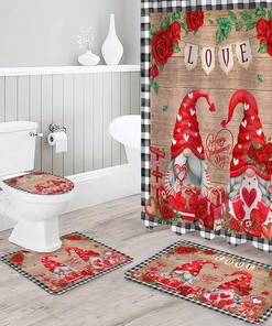 Red Gnomes Roses Love Heart Shower Curtain | Valentine's Day Wooden Plaid Bathroom Decor