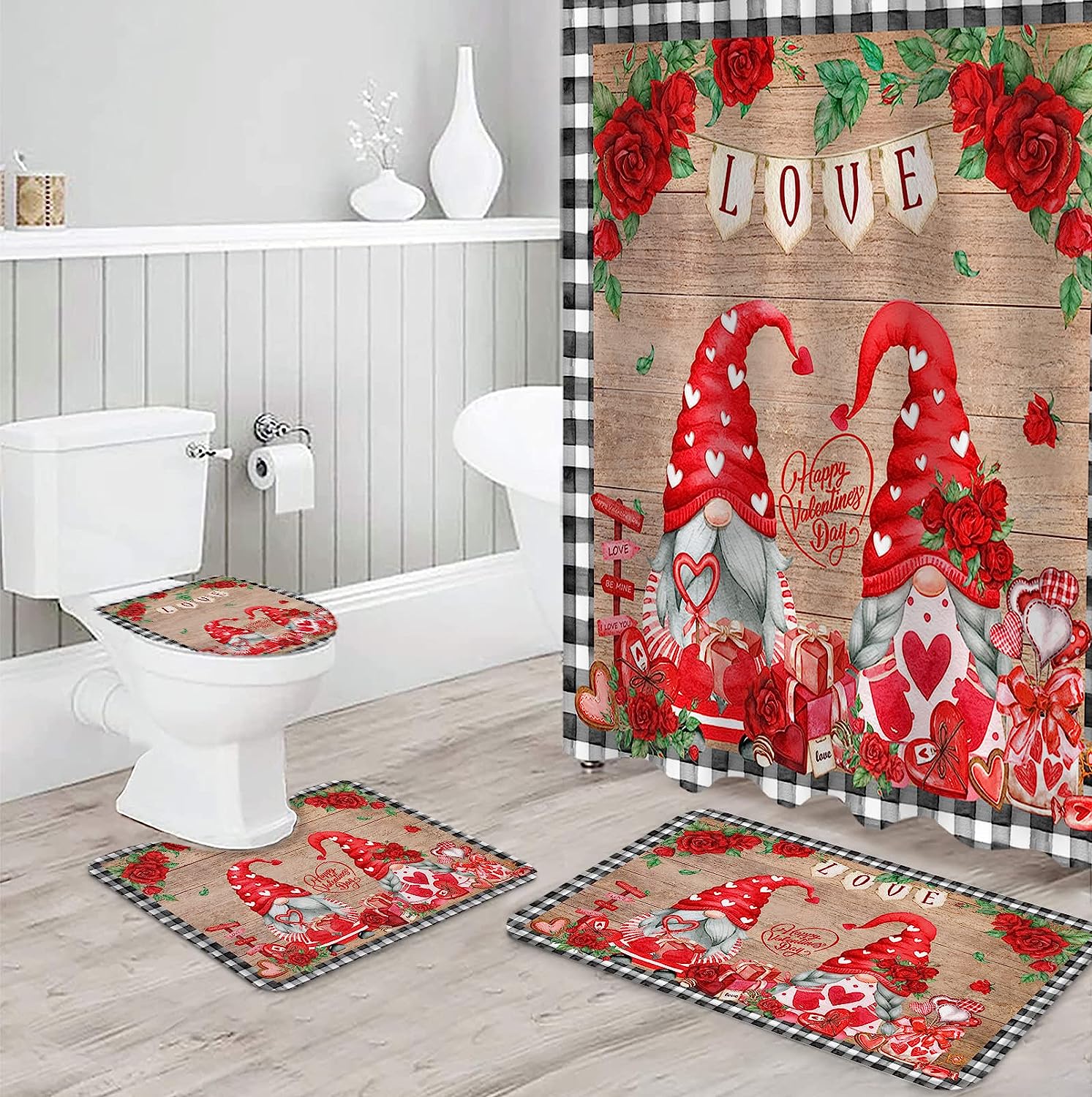 Red Gnomes Roses Love Heart Shower Curtain | Valentine's Day Wooden Plaid Bathroom Decor