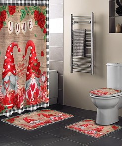 Red Gnomes Roses Love Heart Shower Curtain | Valentine's Day Wooden Plaid Bathroom Decor