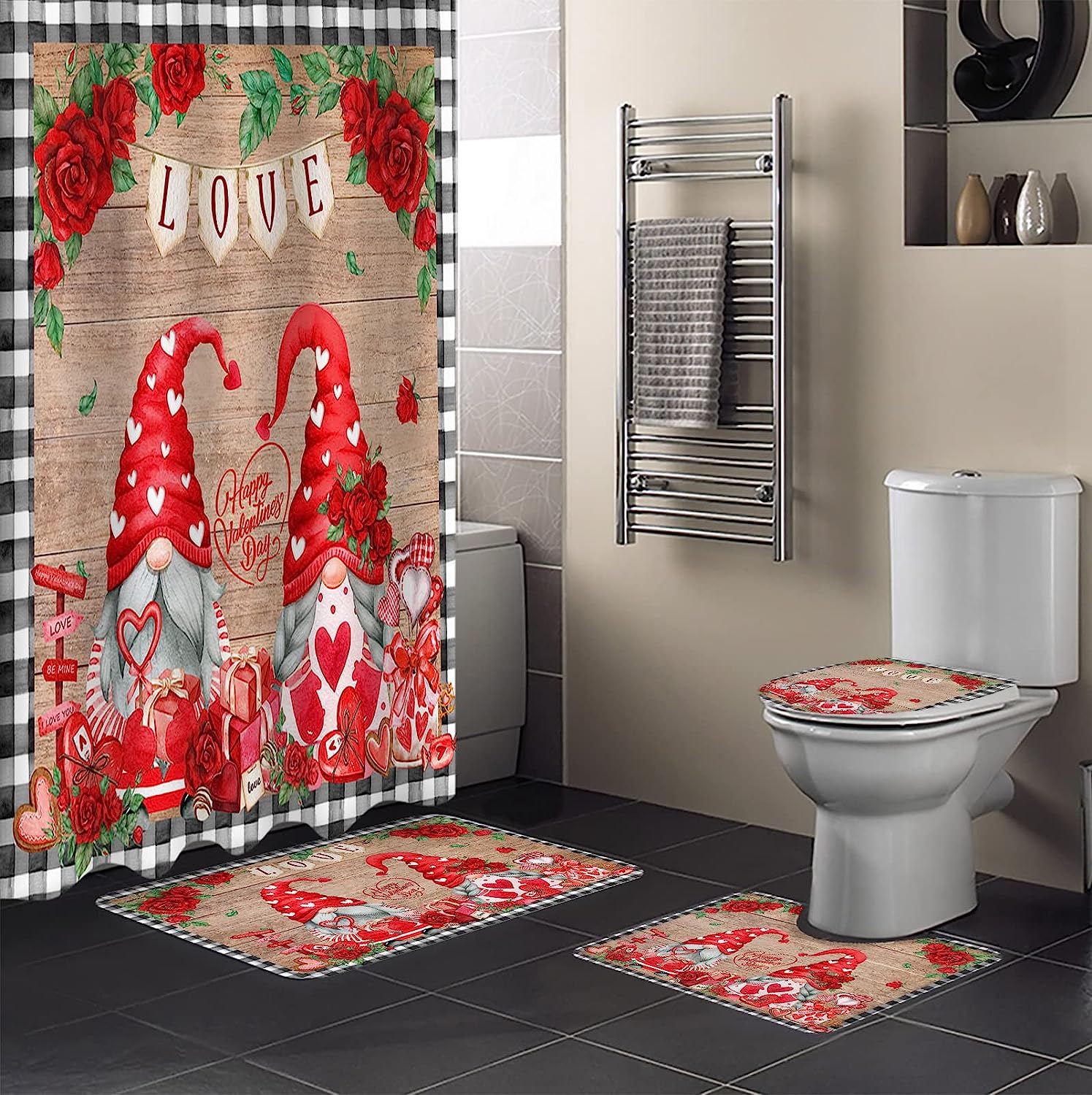 Red Gnomes Roses Love Heart Shower Curtain | Valentine's Day Wooden Plaid Bathroom Decor