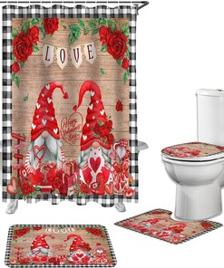 Red Gnomes Roses Love Heart Shower Curtain | Valentine's Day Wooden Plaid Bathroom Decor