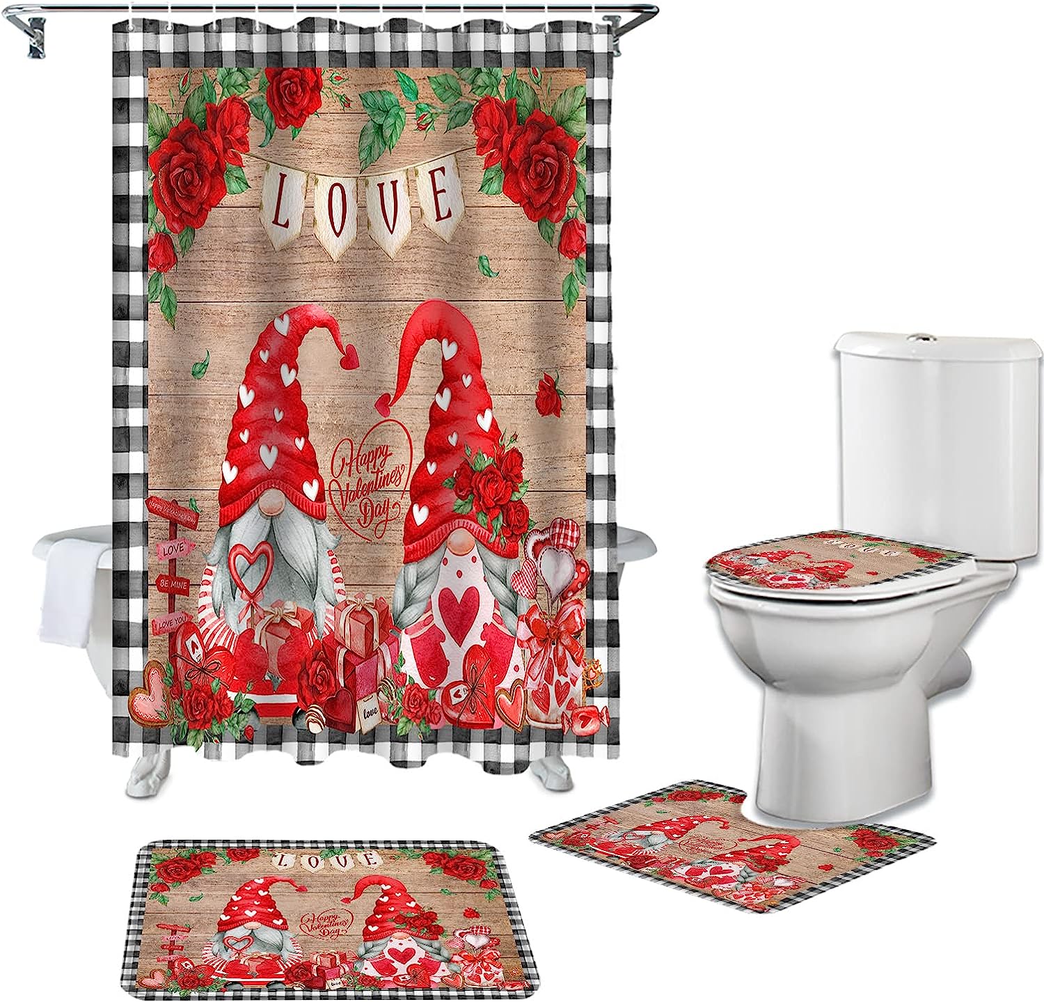 Red Gnomes Roses Love Heart Shower Curtain | Valentine's Day Wooden Plaid Bathroom Decor