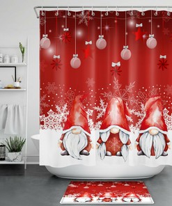 Red Gnomes Shower Curtain - Christmas Snowflake Bathroom Decor