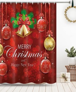 Red Golden Snowflake Ball Christmas Shower Curtain - Jingling Bell Design Brings Winter and Happiness to Your Bathroom. 
