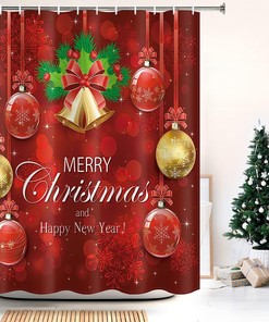 Red Golden Snowflake Ball Christmas Shower Curtain - Jingling Bell Design Brings Winter and Happiness to Your Bathroom.