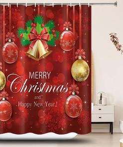 Red Golden Snowflake Ball Christmas Shower Curtain - Jingling Bell Design Brings Winter and Happiness to Your Bathroom. 