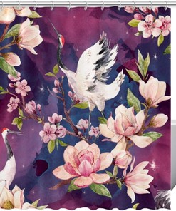 Red Heads Crane Cherry Blossoms Bathroom Fabric Curtains Shower Curtain