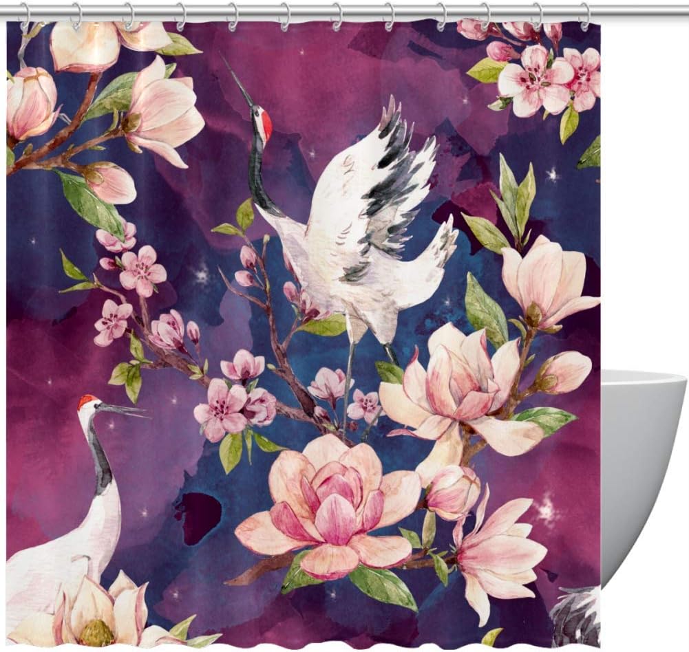 Red Heads Crane Cherry Blossoms Bathroom Fabric Curtains Shower Curtain