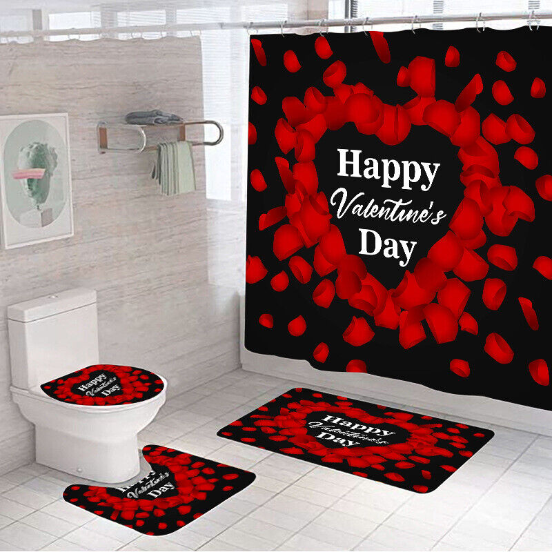 Red Heart Bath Shower Curtain Lid Waterproof for Valentine's Day Decor