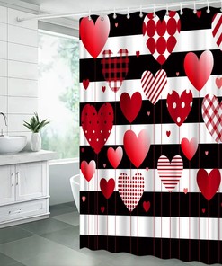 Red Heart Black White Stripe Valentine'S Day Shower Curtain For Sweet Bathroom Decor
