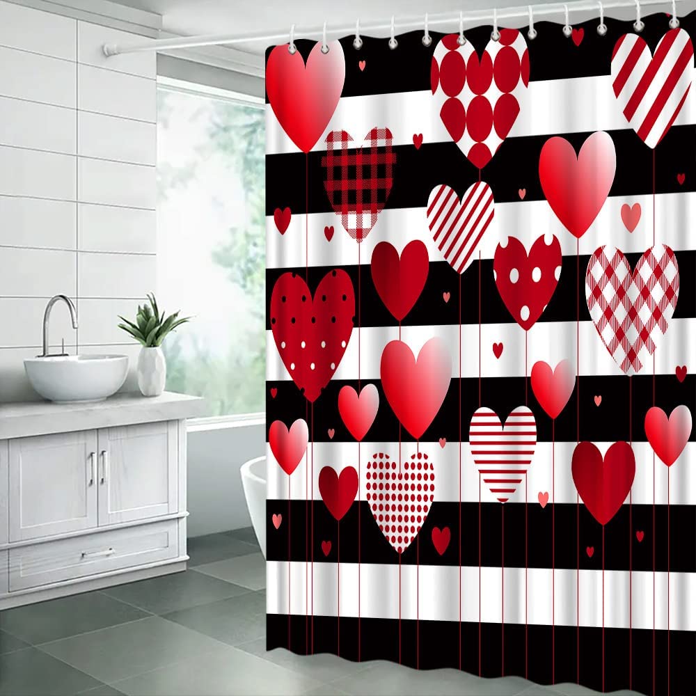 Red Heart Black White Stripe Valentine'S Day Shower Curtain For Sweet Bathroom Decor
