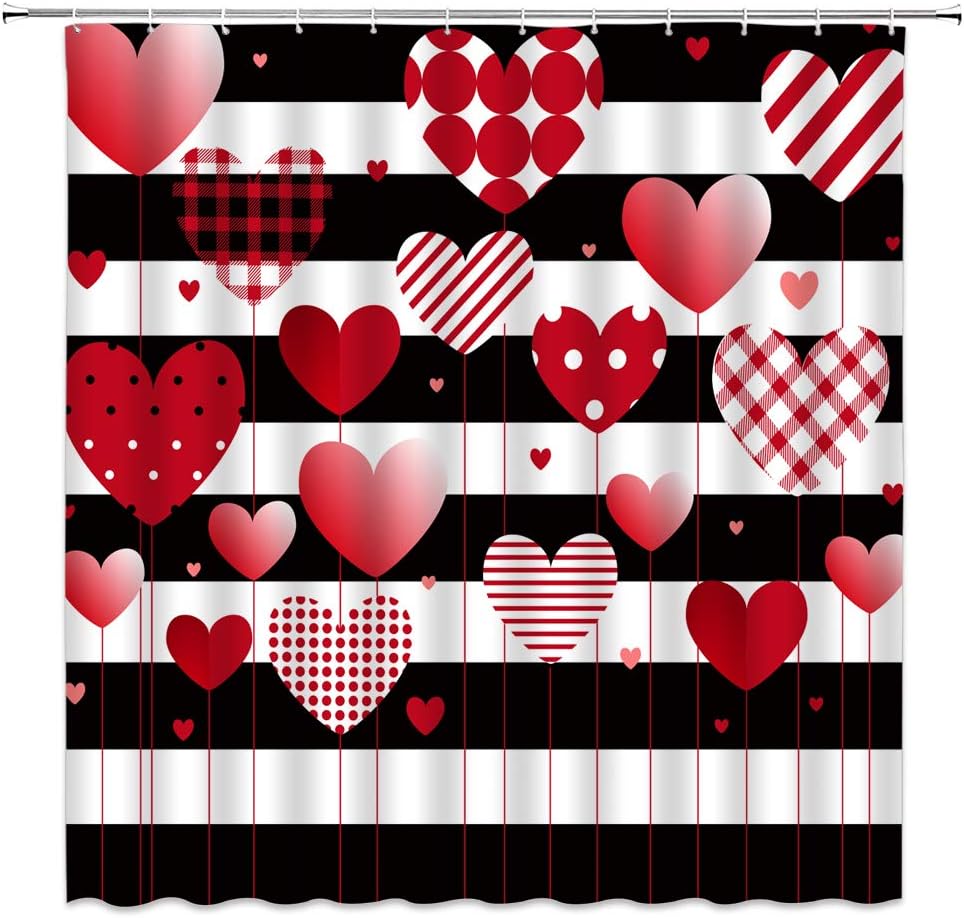 Red Heart Black White Stripe Valentine'S Day Shower Curtain For Sweet Bathroom Decor - Image 2