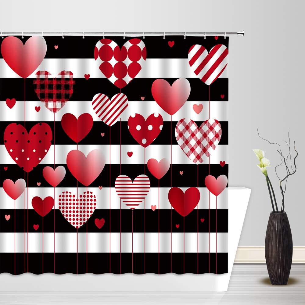 Red Heart Black White Stripe Valentine'S Day Shower Curtain For Sweet Bathroom Decor - Image 3