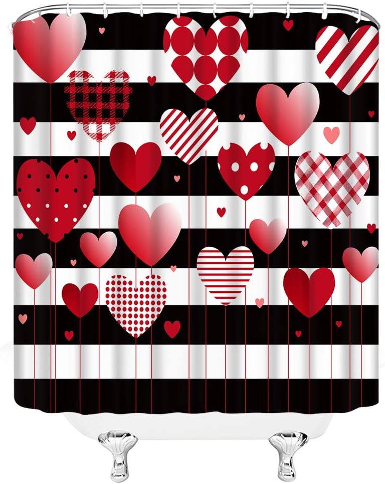 Red Heart Black White Stripe Valentine'S Day Shower Curtain For Sweet Bathroom Decor - Image 4
