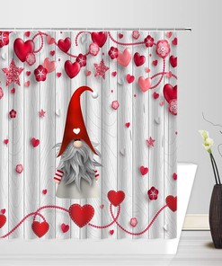 Red Heart Cute Gnome Vintage Wooden Printed Valentine'S Day Shower Curtain Fabric