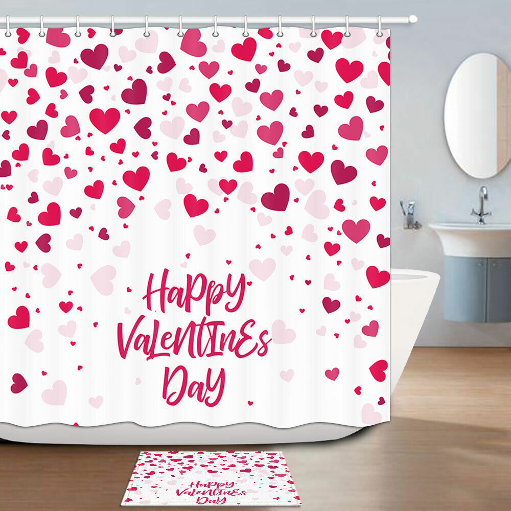 Red Heart Fabric Shower Curtain for Valentine's Day Bathroom Decor