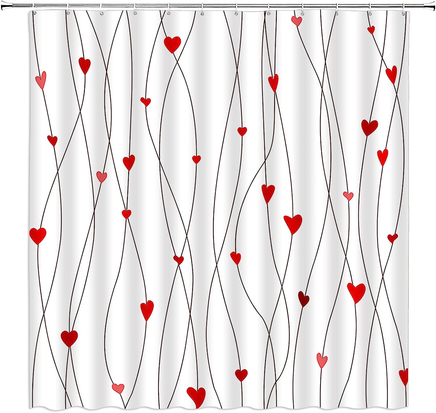 Red Heart Geometric Striped Sweet Love Romantic Couple Woman Girl Valentine'S Day Shower Curtain