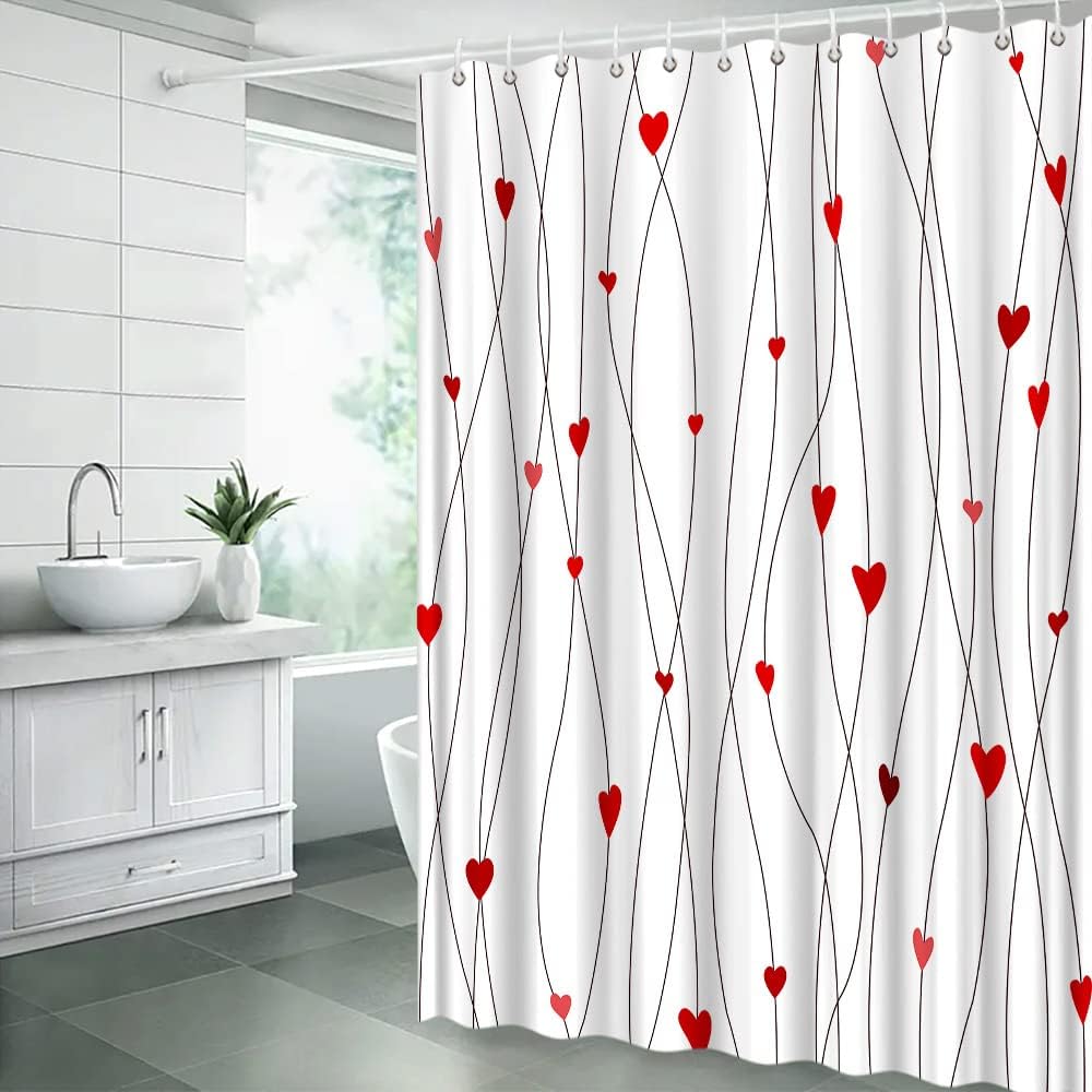 Red Heart Geometric Striped Sweet Love Romantic Couple Woman Girl Valentine'S Day Shower Curtain