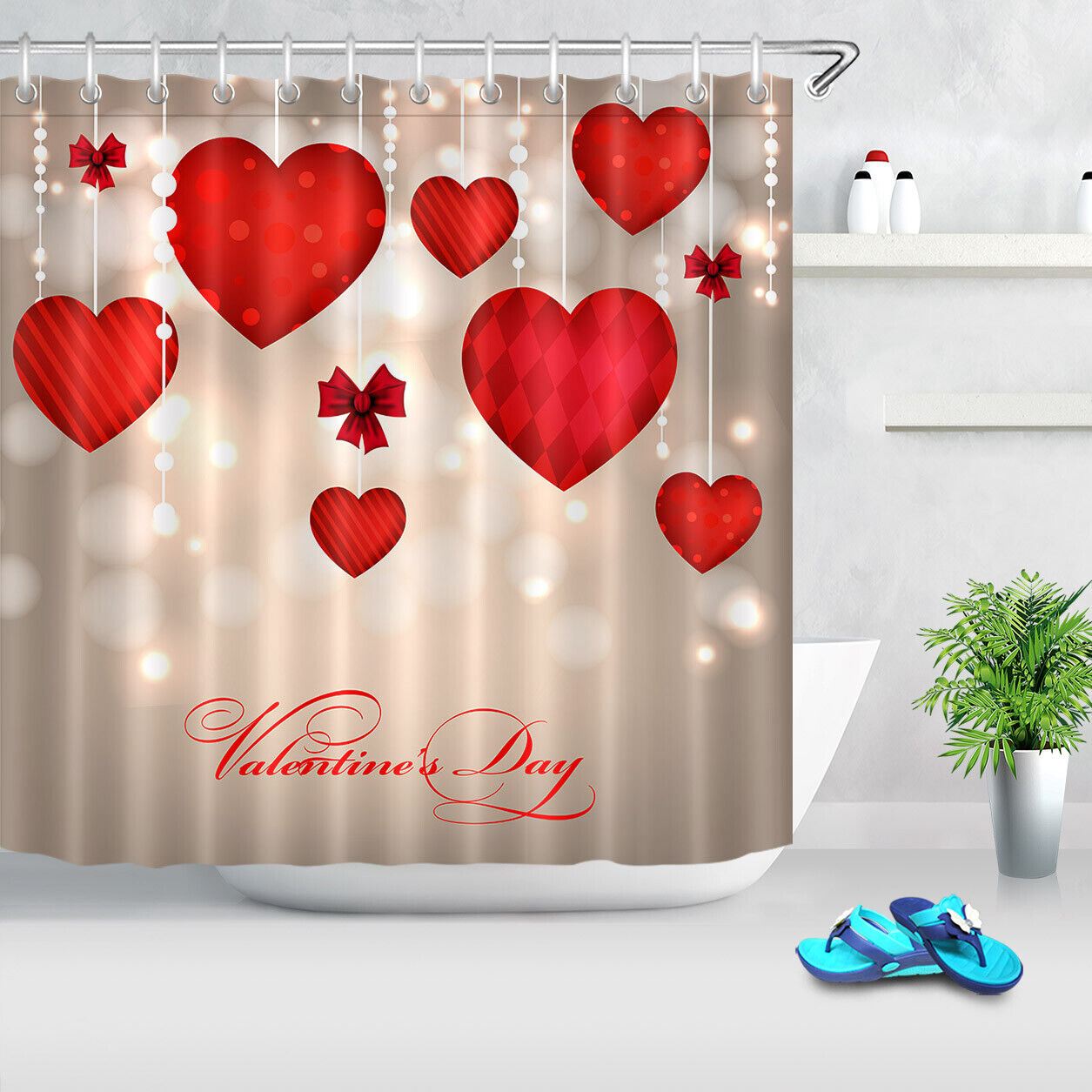 Red Heart Ornaments Light Spots Vintage Shower Curtain for Valentine's Day