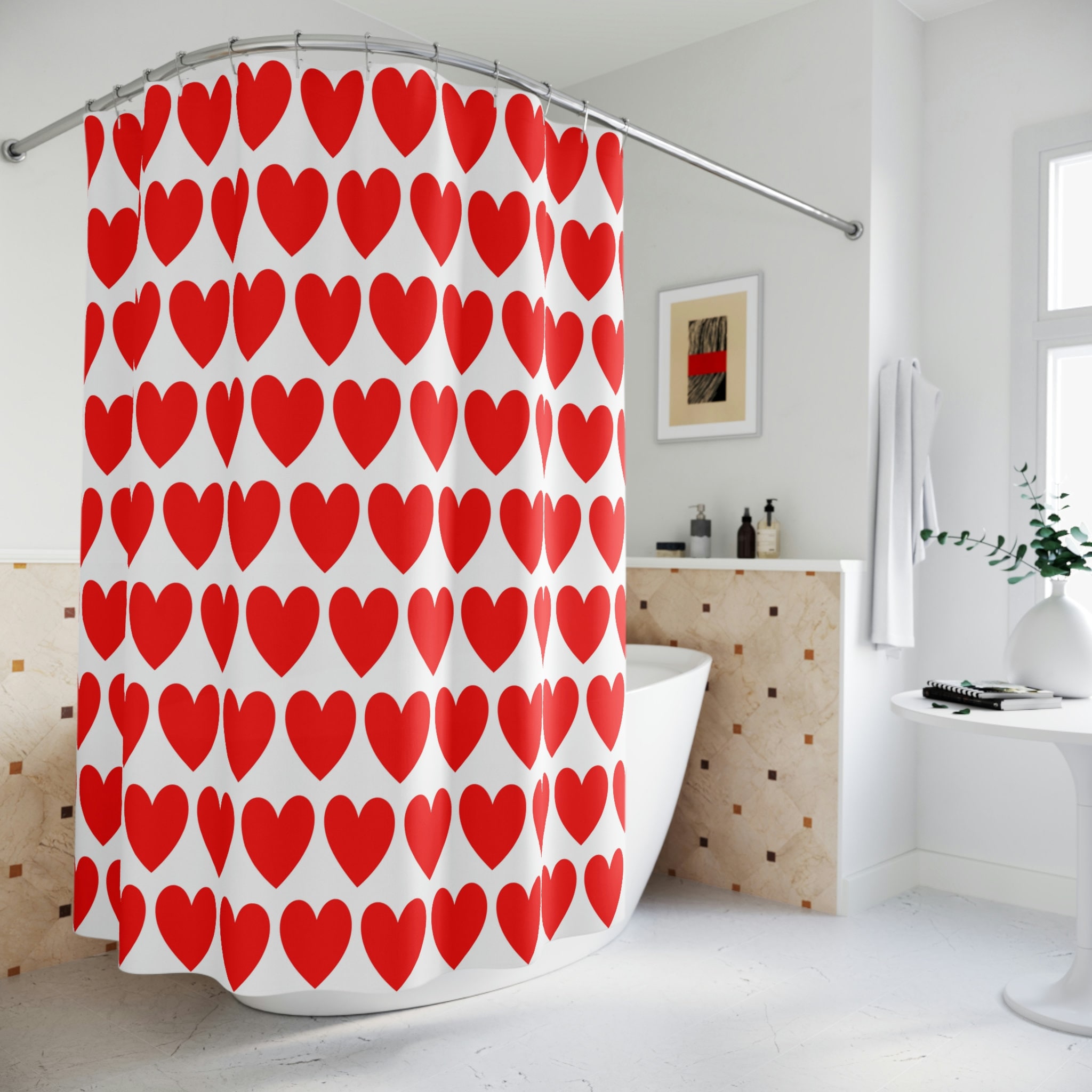 Red Heart Pattern Shower Curtain - Romantic Bathroom Decor