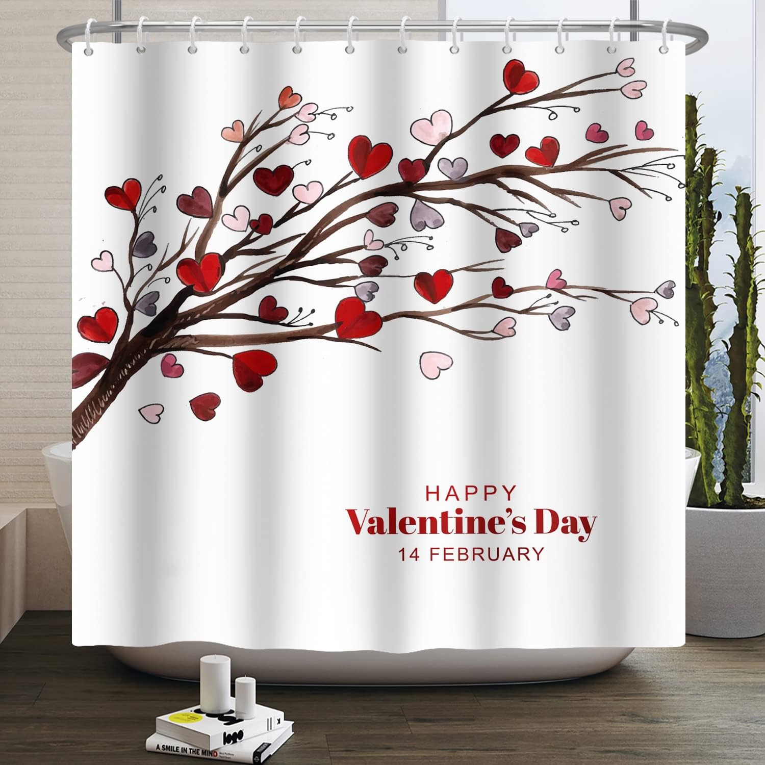 Red Heart Tree Valentine's Day Shower Curtain for Romantic Love Vintage Decor