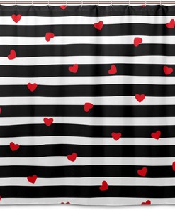 Red Hearts Black White Stripes Shower Curtain, Modern Bathroom Accessory 