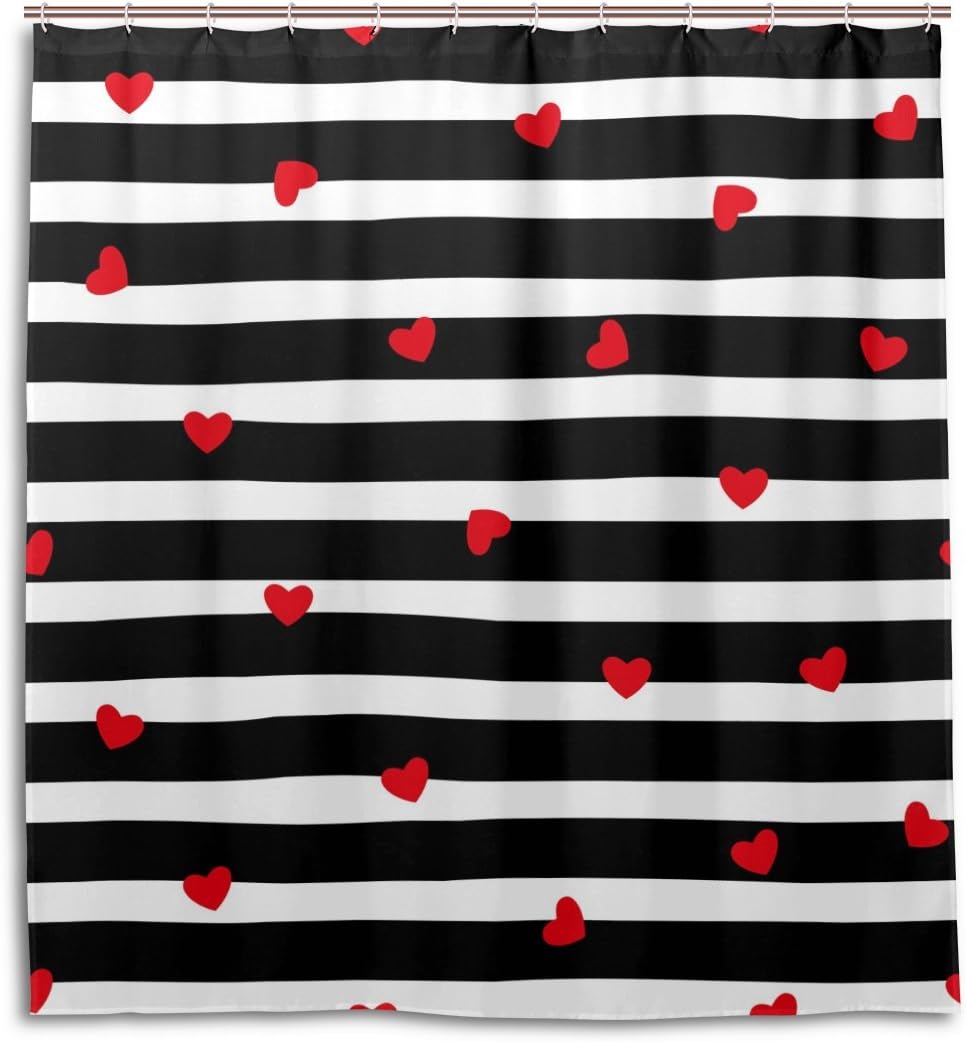 Red Hearts Black White Stripes Shower Curtain, Modern Bathroom Accessory