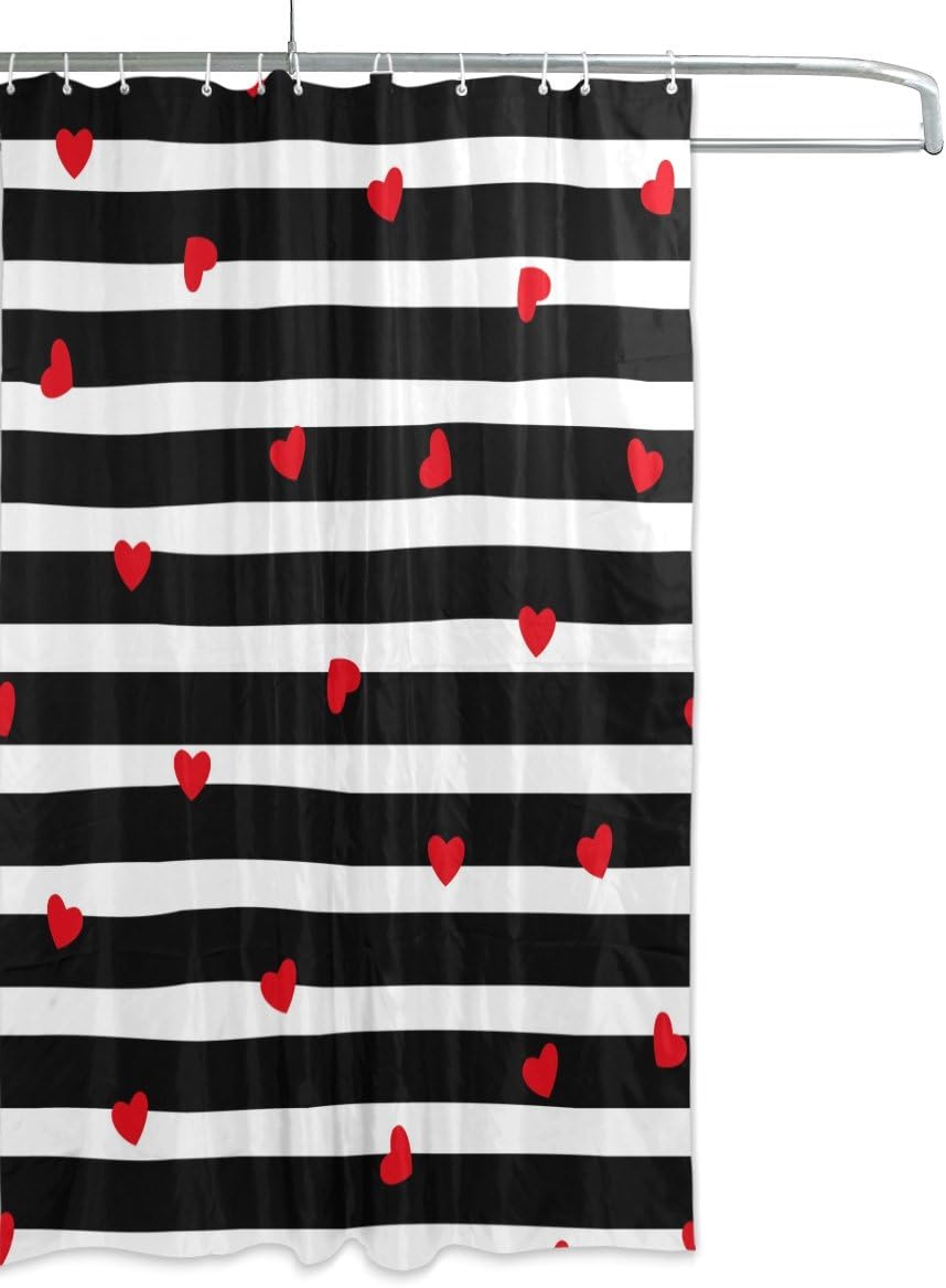 Red Hearts Black White Stripes Shower Curtain, Modern Bathroom Accessory