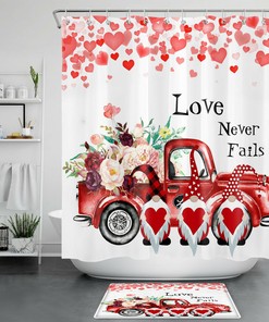 Red Hearts Gnomes Flower Shower Curtain | Valentine's Day Bathroom Accessories