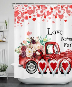 Red Hearts Gnomes Flower Shower Curtain | Valentine's Day Bathroom Accessories
