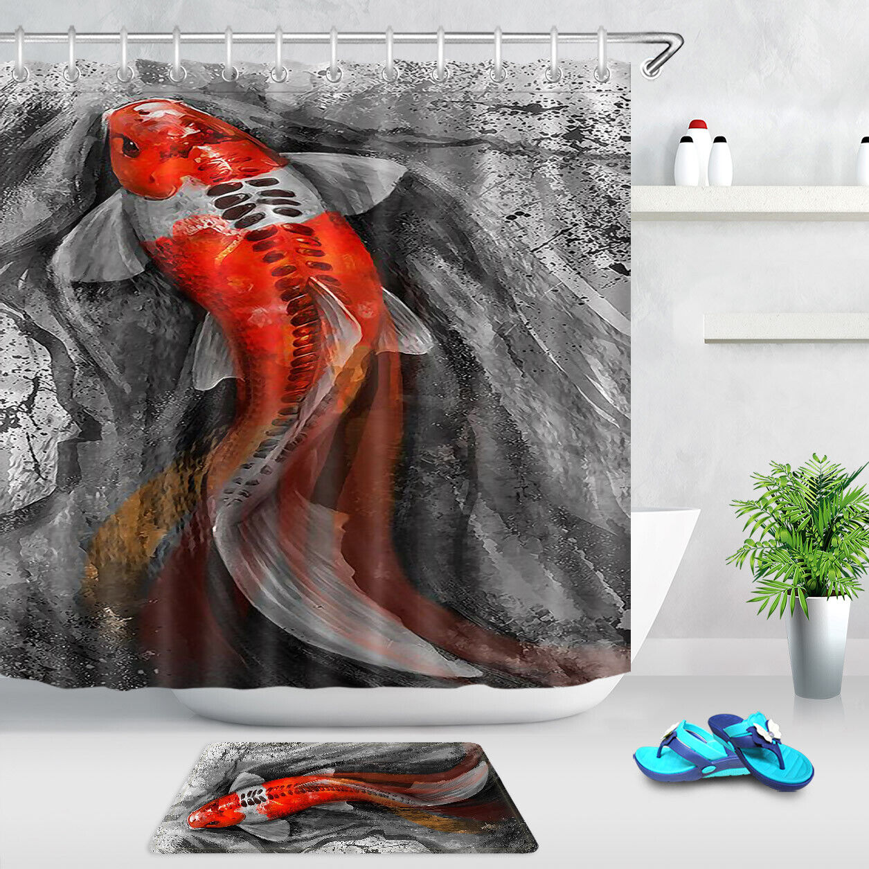 Red Koi Fish Japanese Art Style Shower Curtain for Bathroom Decor