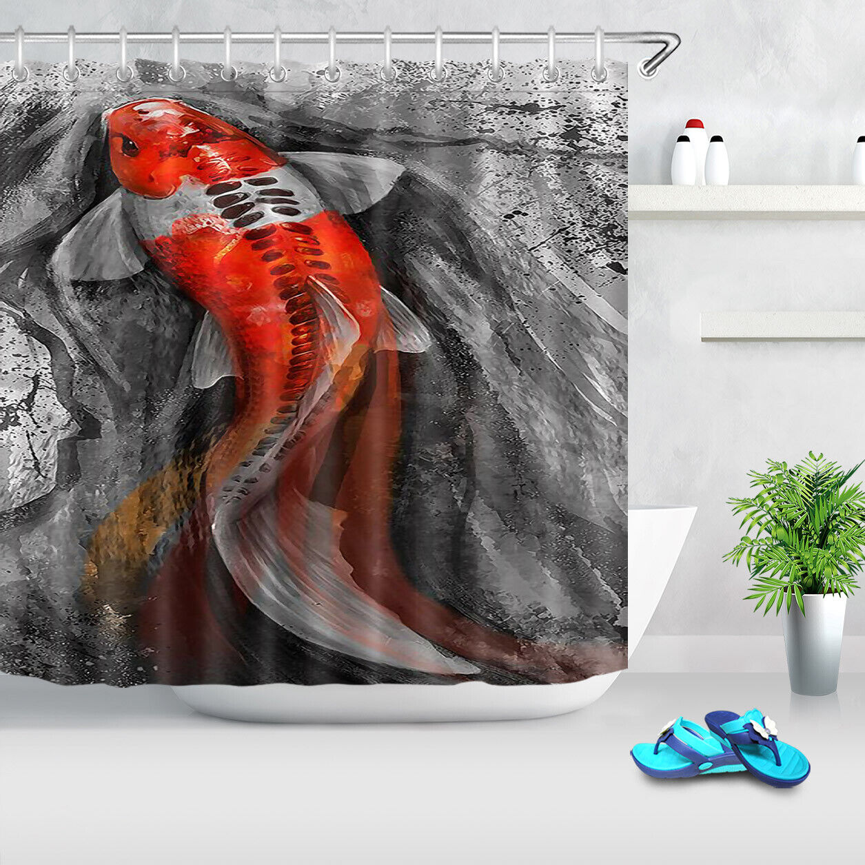 Red Koi Fish Japanese Art Style Shower Curtain for Bathroom Decor