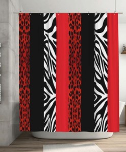 Red Leopard and Zebra Print Animal Shower Curtain for Wild Farmhouse Bathroom Style
