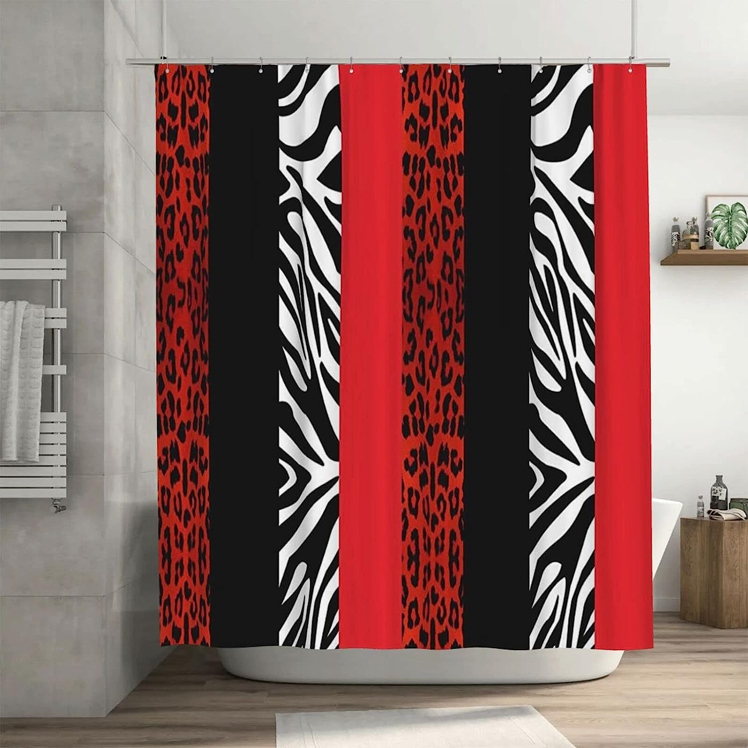 Red Leopard and Zebra Print Animal Shower Curtain for Wild Farmhouse Bathroom Style