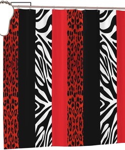 Red Leopard and Zebra Print Animal Shower Curtain for Wild Farmhouse Bathroom Style