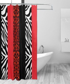 Red Leopard and Zebra Print Animal Shower Curtain for Wild Farmhouse Bathroom Style
