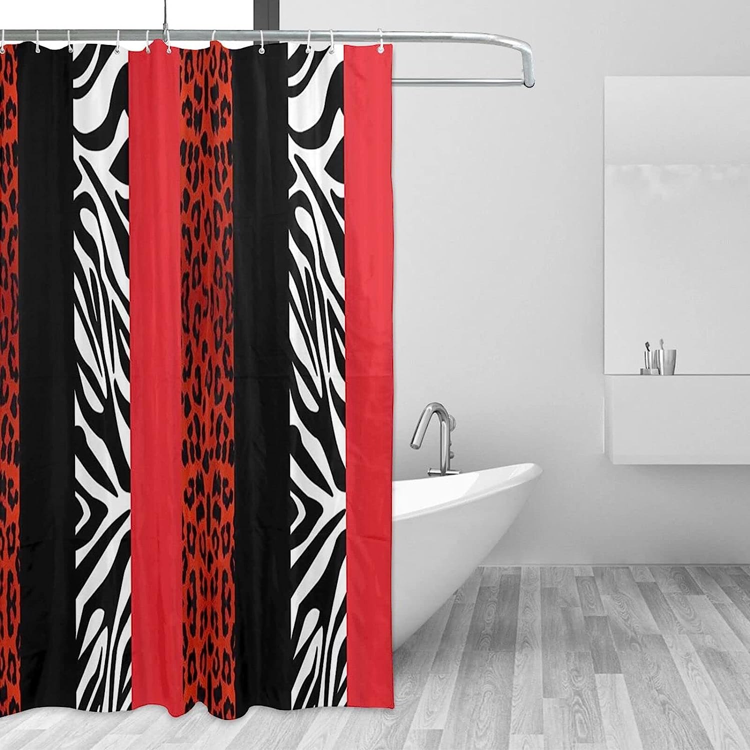 Red Leopard and Zebra Print Animal Shower Curtain for Wild Farmhouse Bathroom Style