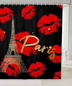 Red Lips Kiss Marks Eiffel Tower Shower Curtain for Girls and Adults