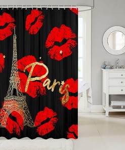 Red Lips Kiss Marks Eiffel Tower Shower Curtain for Girls and Adults
