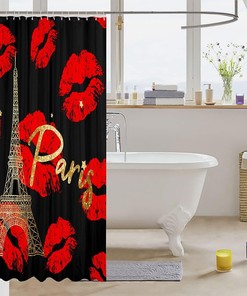 Red Lips Kiss Marks Eiffel Tower Shower Curtain for Girls and Adults
