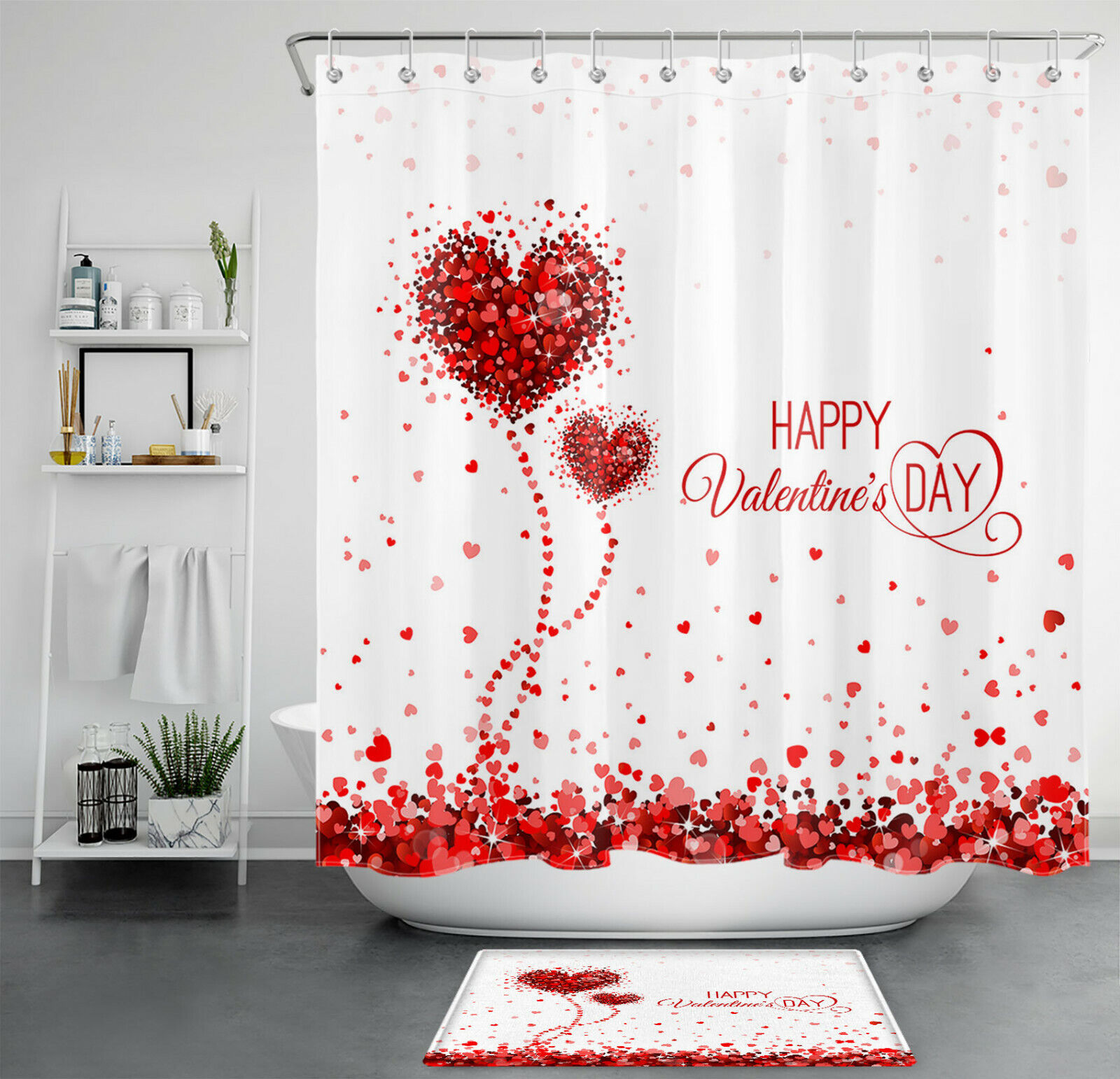Red Love Heart Balloons Valentine's Day Shower Curtain for Bathroom Decor