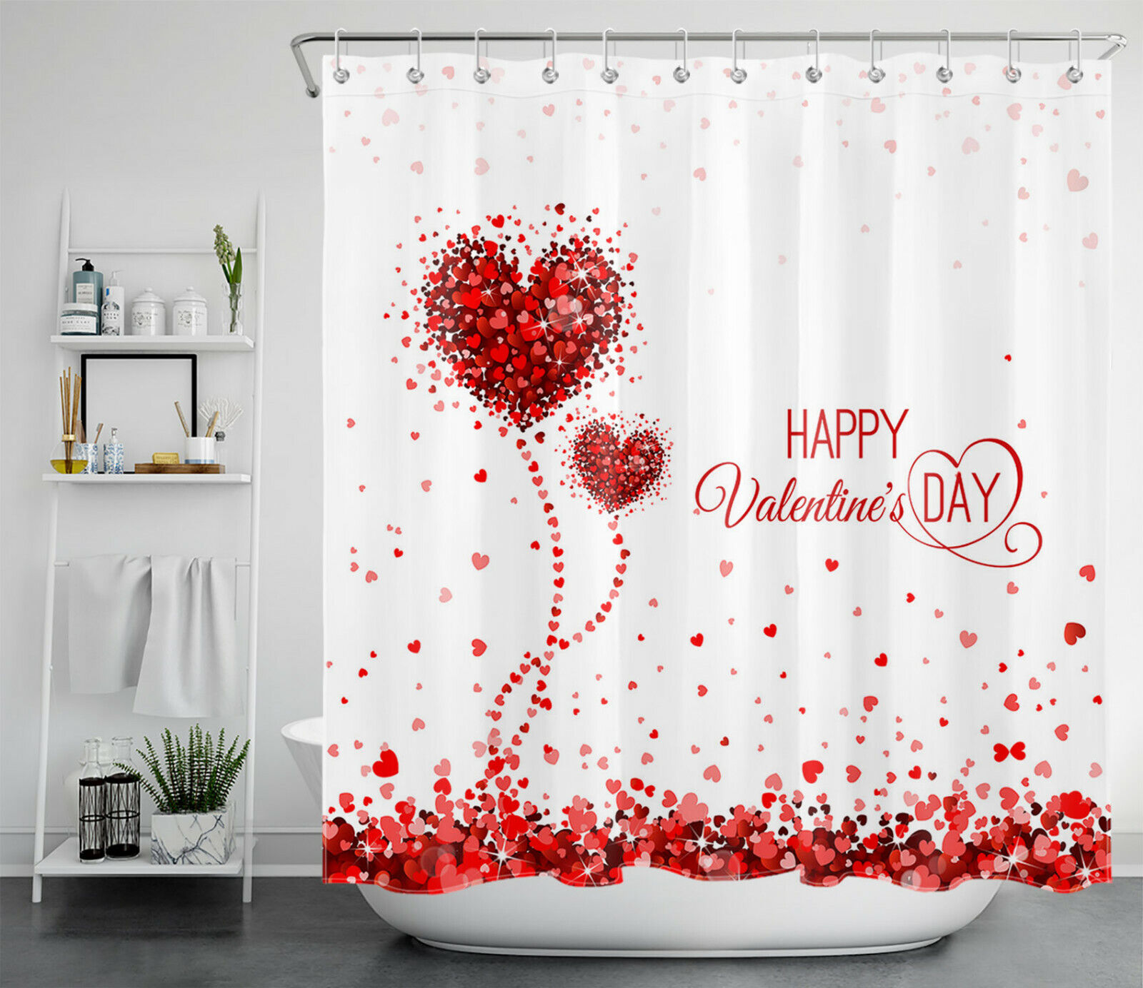Red Love Heart Balloons Valentine's Day Shower Curtain for Bathroom Decor