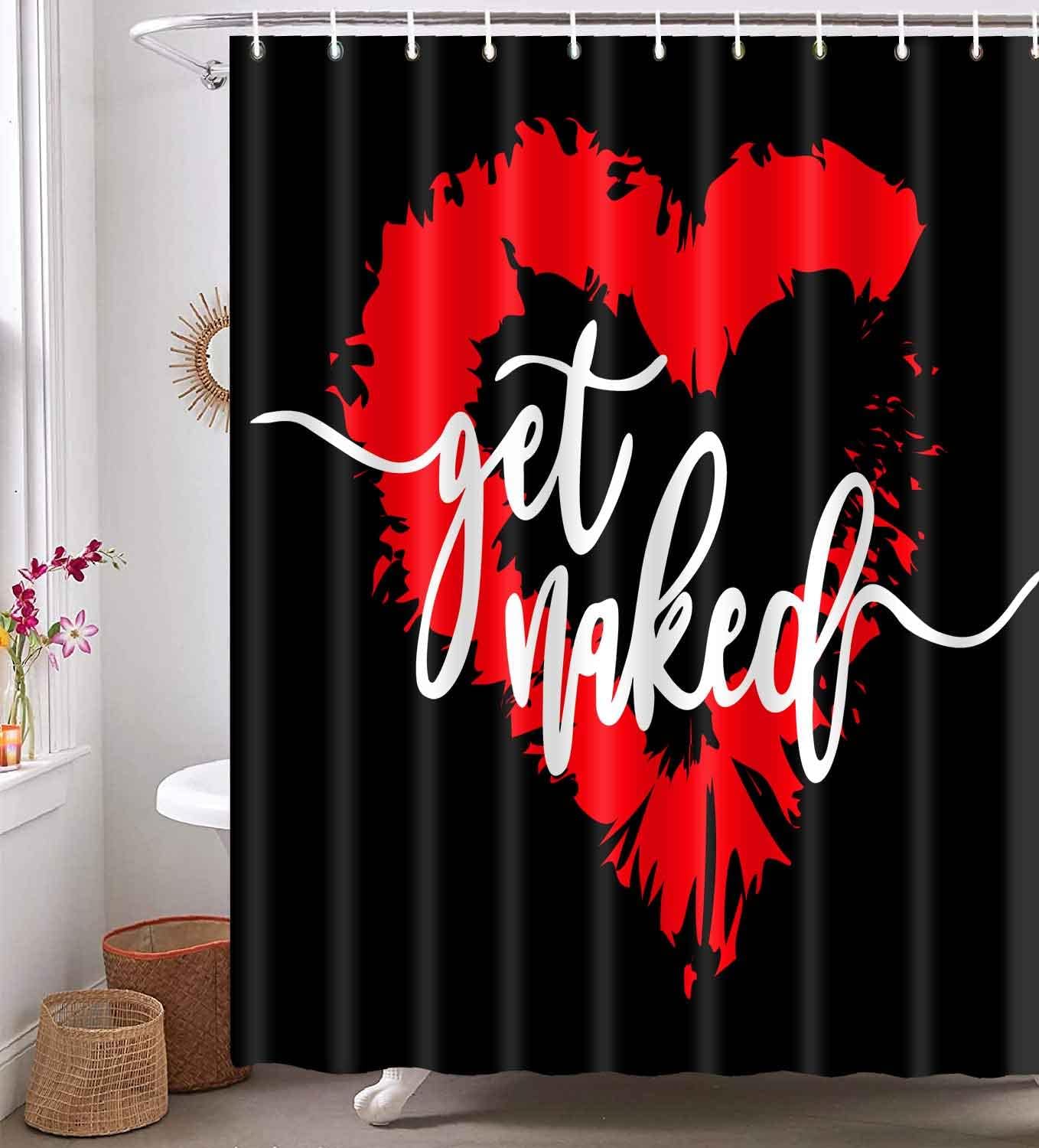 Red Love Heart Get Naked Shower Curtain, Home Decor Artwork For Romantic Bathroom
