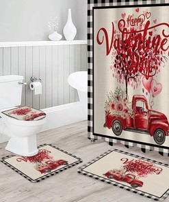 Red Love Heart Truck Roses Shower Curtain | Valentine's Day Black Plaid Burlap Bathroom Decor