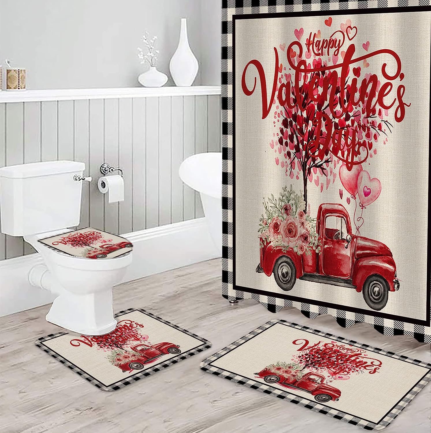 Red Love Heart Truck Roses Shower Curtain | Valentine's Day Black Plaid Burlap Bathroom Decor