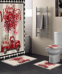 Red Love Heart Truck Roses Shower Curtain | Valentine's Day Black Plaid Burlap Bathroom Decor