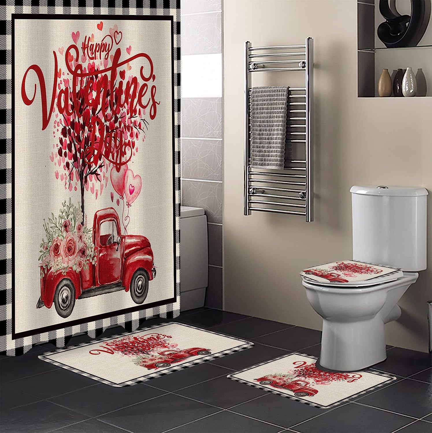 Red Love Heart Truck Roses Shower Curtain | Valentine's Day Black Plaid Burlap Bathroom Decor