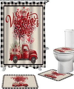 Red Love Heart Truck Roses Shower Curtain | Valentine's Day Black Plaid Burlap Bathroom Decor