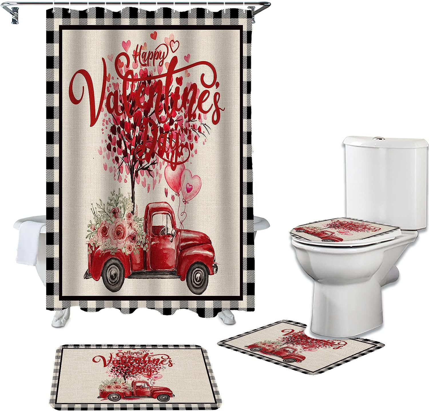 Red Love Heart Truck Roses Shower Curtain | Valentine's Day Black Plaid Burlap Bathroom Decor